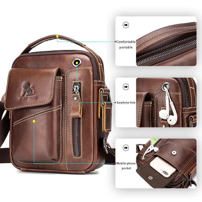 sac à bandoulière en cuir pour hommes, sac à bandoulière multifonctionnel et en cuir de vache de grande capacité, sac à main
