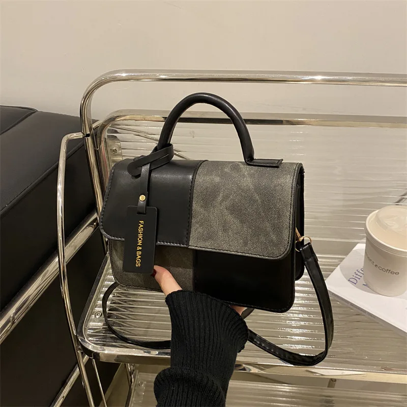 sac cartable patchwork en cuir pu pour femmes, sac à main avec poignée supérieure, sac à bandoulière polyvalent pour un usage quotidien