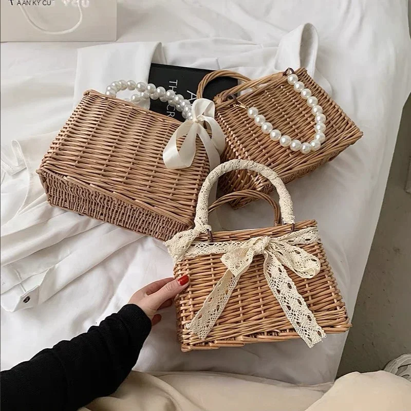 sacs de paille pour femmes sacs à main carrés été sacs à bandoulière en rotin à la main tricoté storge petit fourre-tout sac 2025 nouvelle mode