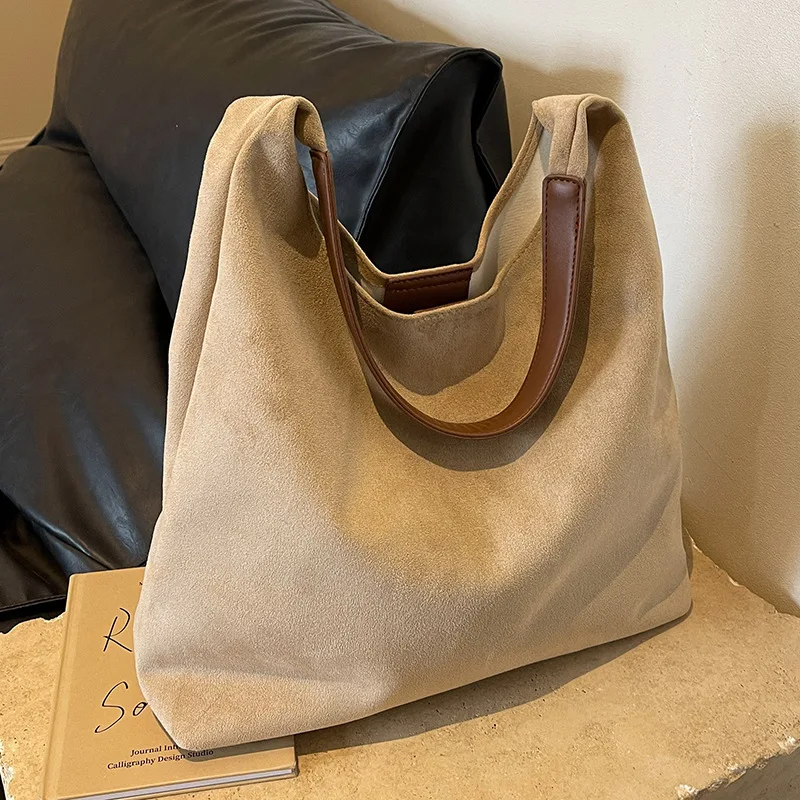 sac à bandoulière en daim pour femmes, rétro, simple, grande capacité, tendance, travail hobo, couleur unie, vintage, sac à poignée supérieure