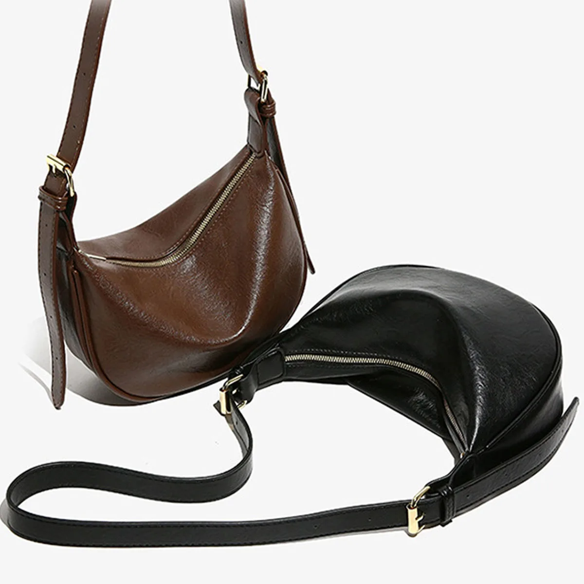sac à bandoulière pour femmes, sac hobo léger pour femmes, sac croissant en cuir vintage, boulette en cuir pu de couleur unie