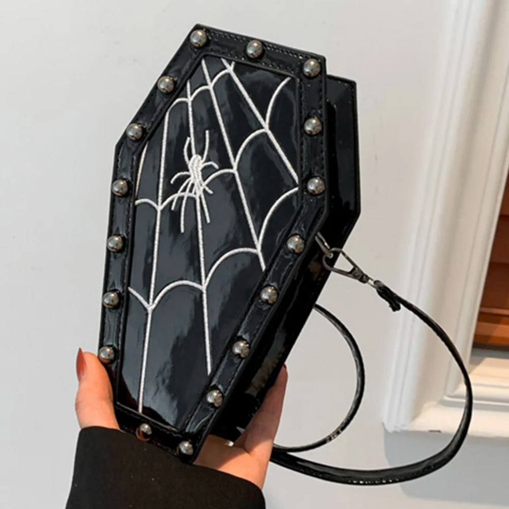 sac à main gothique en forme de cercueil de grande capacité, sangle réglable, toile d'araignée, sac hobo en cuir pu, halloween