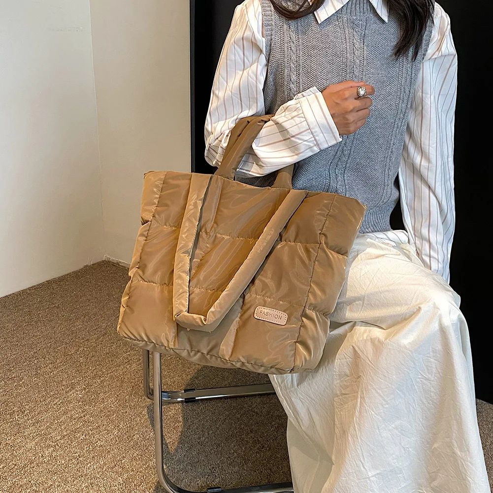 sac à main matelassé à carreaux pour femmes, sac de transport à main bouffant de couleur unie, grande capacité, mode automne hiver
