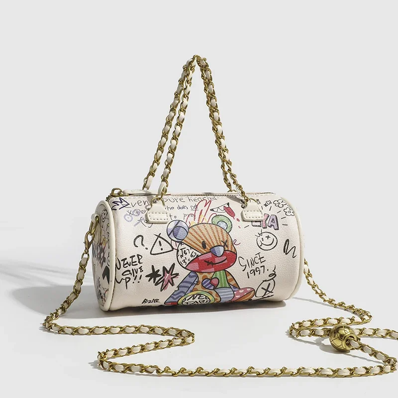 Sac à Main Cylindrique Transfrontalier avec Chaîne Graffiti pour Femme, Sacoche à Bandoulière, Nouvelle Collection