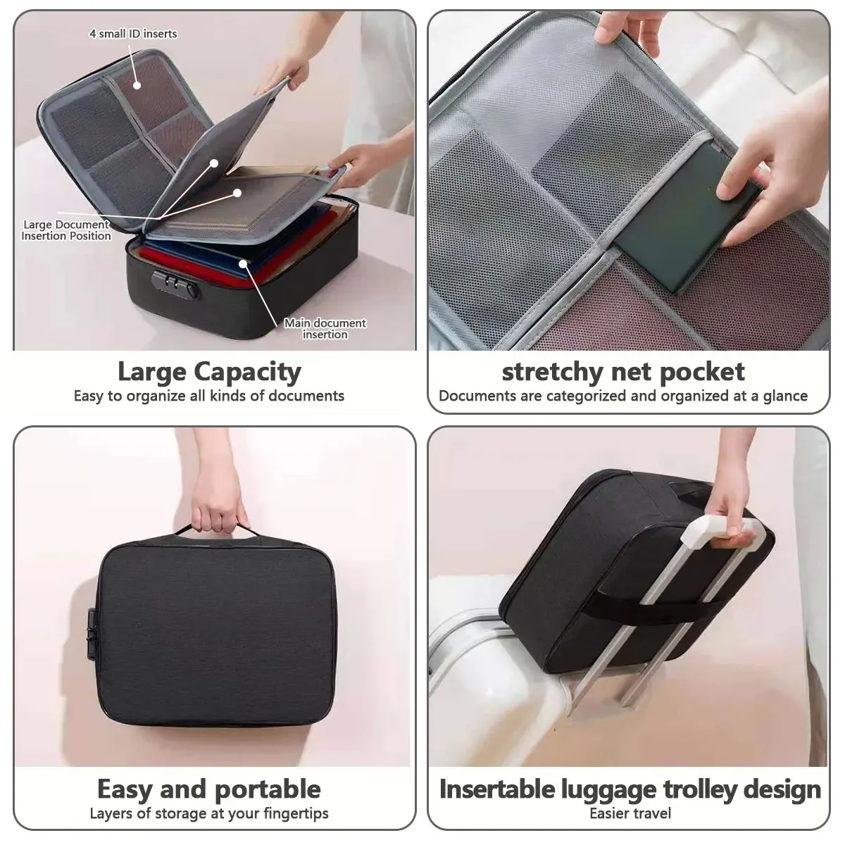 sac de rangement de documents multicouches de grande capacité avec serrure, valise d'évaluation de fichiers de certificat, étui à bombes de passeport, maison et voyage