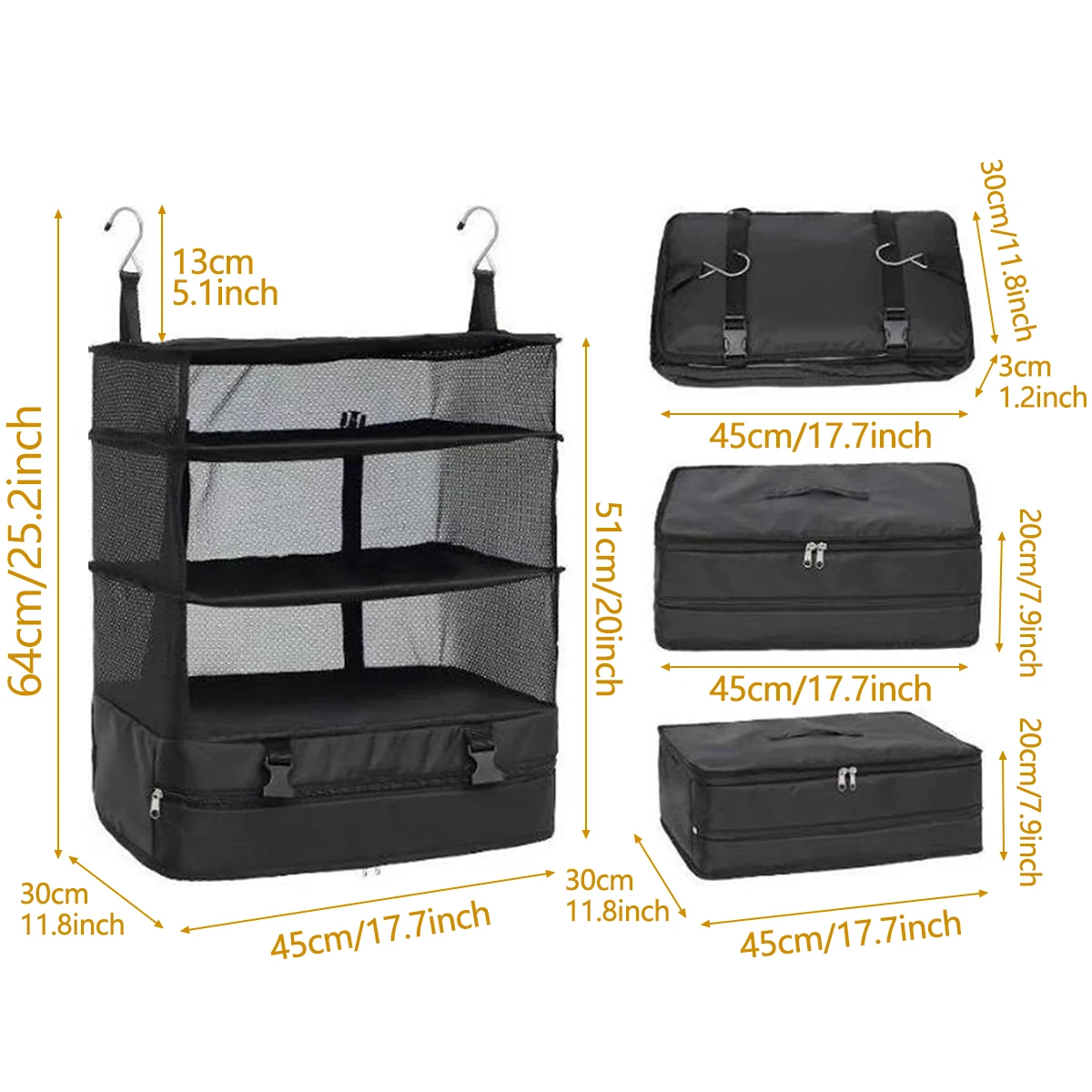 organisateur de bagages de voyage, étagères de voyage portables, sac de valise à 3 étagères, cube d'emballage pliable, sac de rangement pour placard suspendu, espace