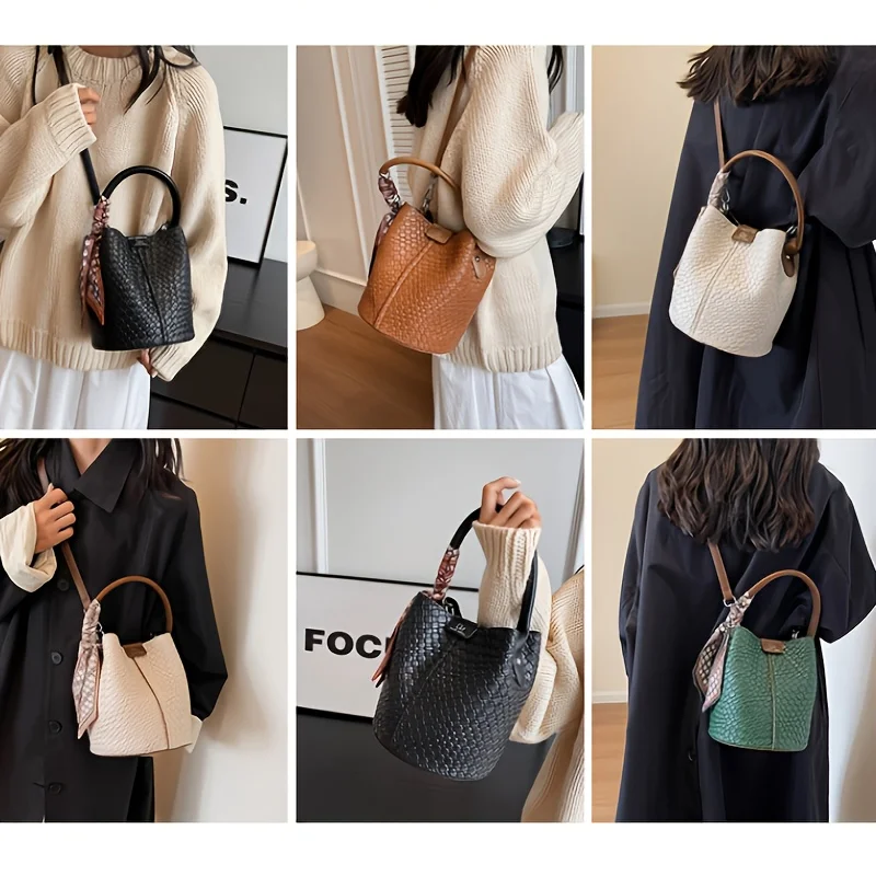 sac seau tissé pour femme. marron profond/beige/vert/noir. sangle amovible, durable et facile à nettoyer. pour les voyages et les événements formels. magasin maintenant!