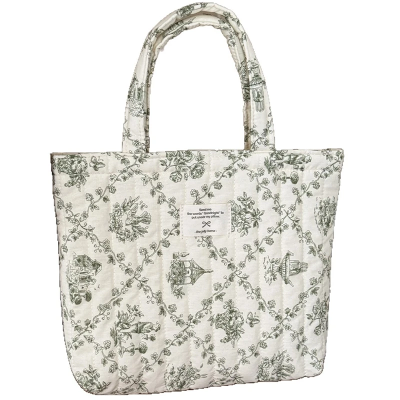 sacs à main en coton matelassé pour femmes, jolis sacs à fleurs portables pour dames, petits fourre tout à bandoulière design rétro décontracté, sac à bento pour déjeuner
