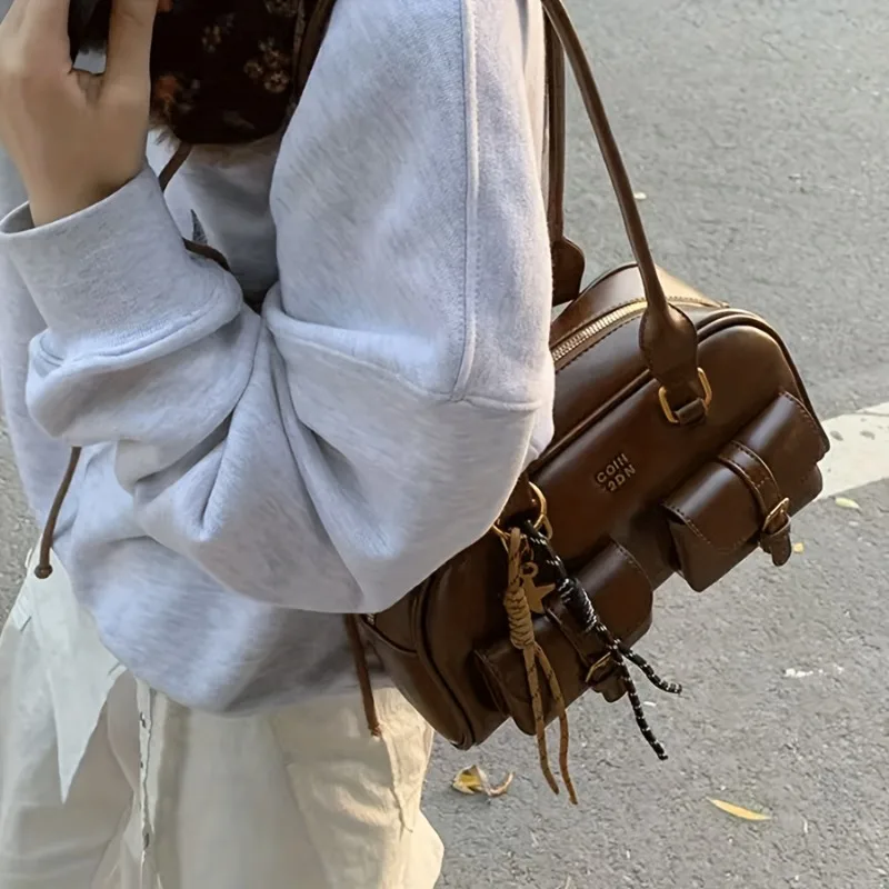 sac à bandoulière élégant avec plusieurs poches, matériel doré et sacs à main au design imprimé de lettres pour femmes, voyage, travail, sorties