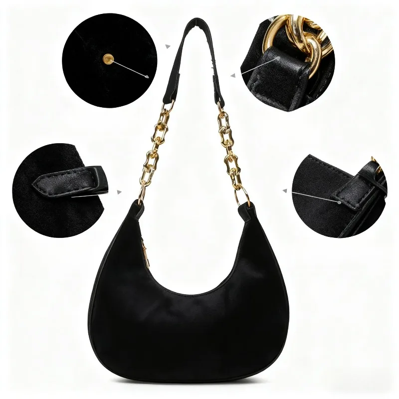Sac Hobo en daim avec sangle en chaîne dorée, sac à bandoulière rétro en forme de croissant pour femmes, sac à main quotidien à la mode