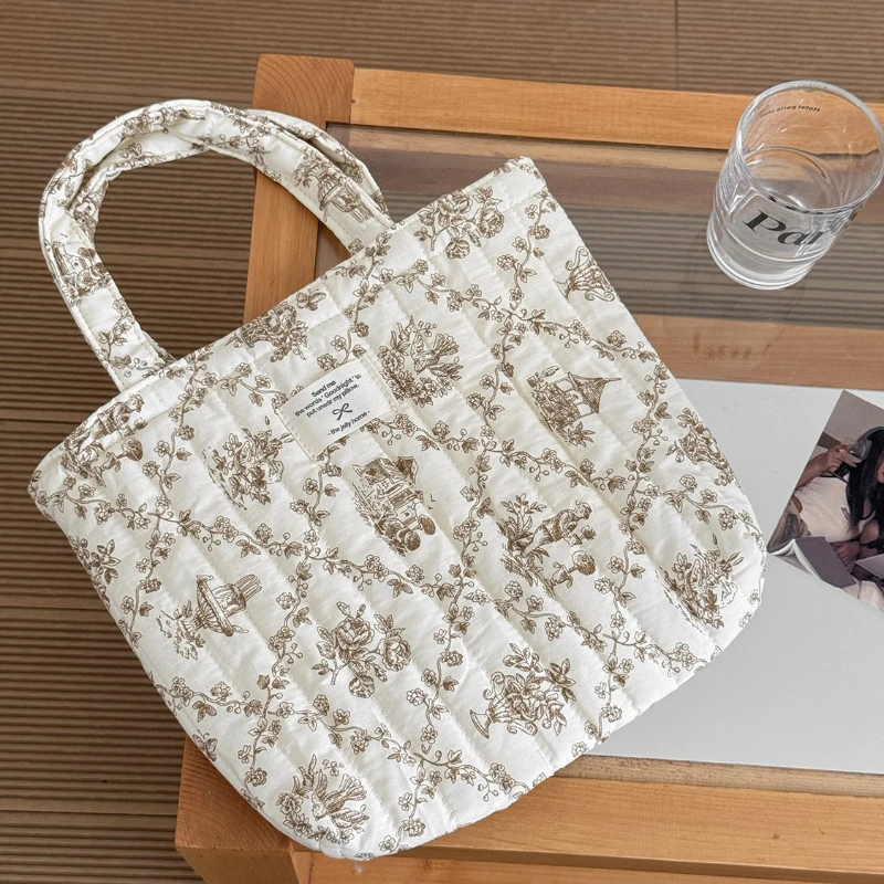 Sacs à main en coton matelassé pour femmes, jolis sacs à fleurs portables pour dames, petits fourre-tout à bandoulière Design rétro décontracté, sac à Bento pour déjeuner