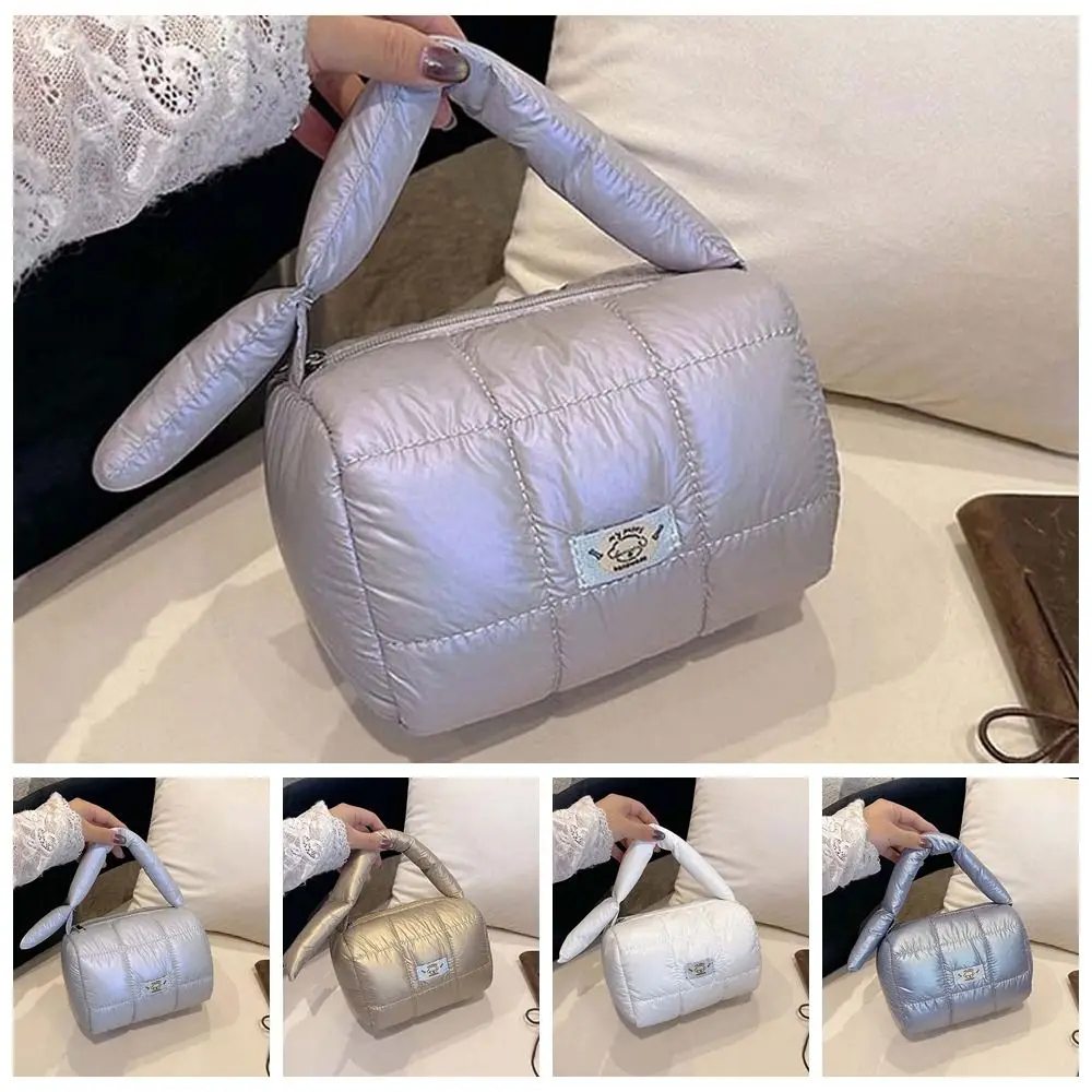sac matelassé à grille plissée en nuage, grande capacité, organisateur de cosmétiques portatif en nylon, pochette fourre tout bouffante de couleur unie tridimensionnelle
