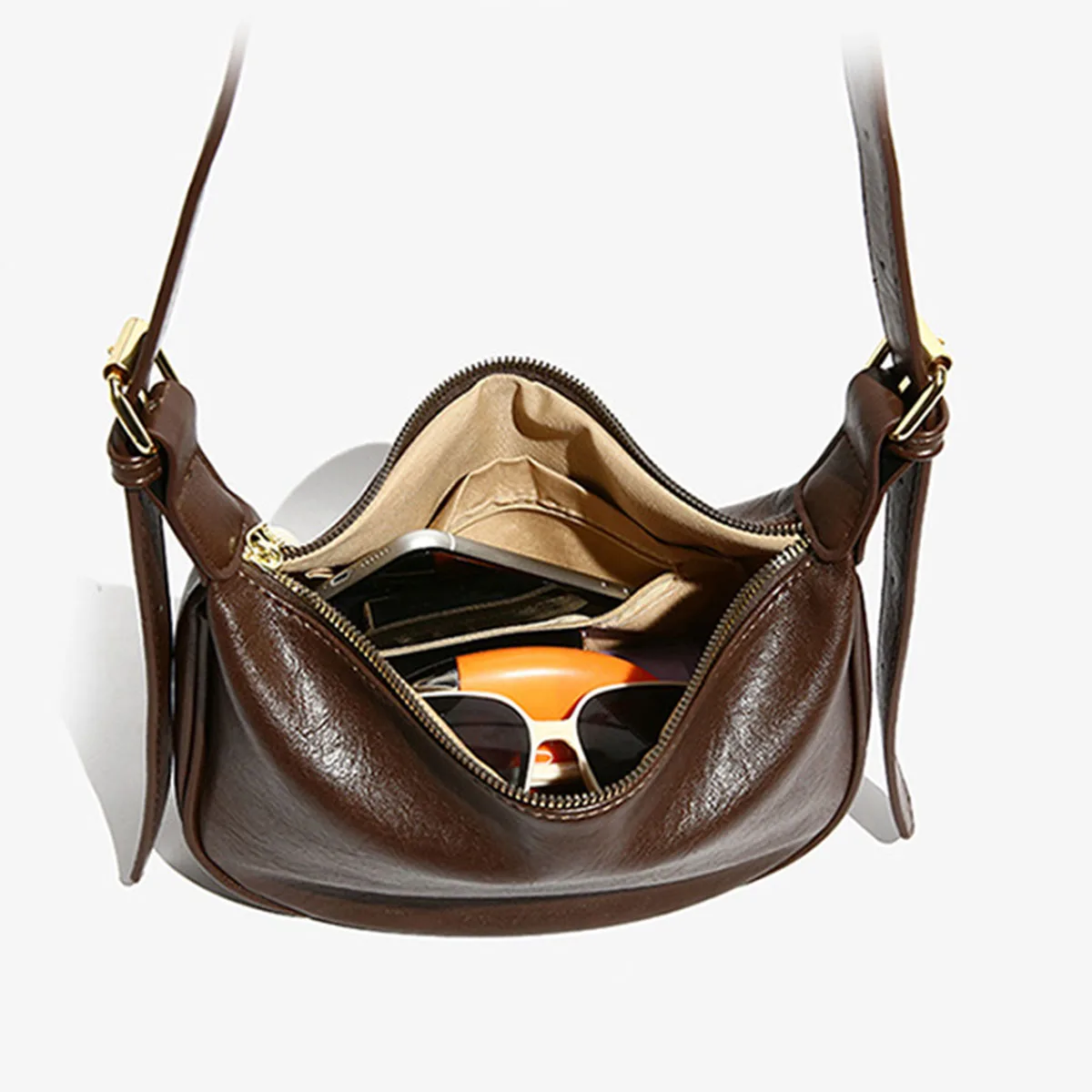 sac à bandoulière pour femmes, sac hobo léger pour femmes, sac croissant en cuir vintage, boulette en cuir pu de couleur unie