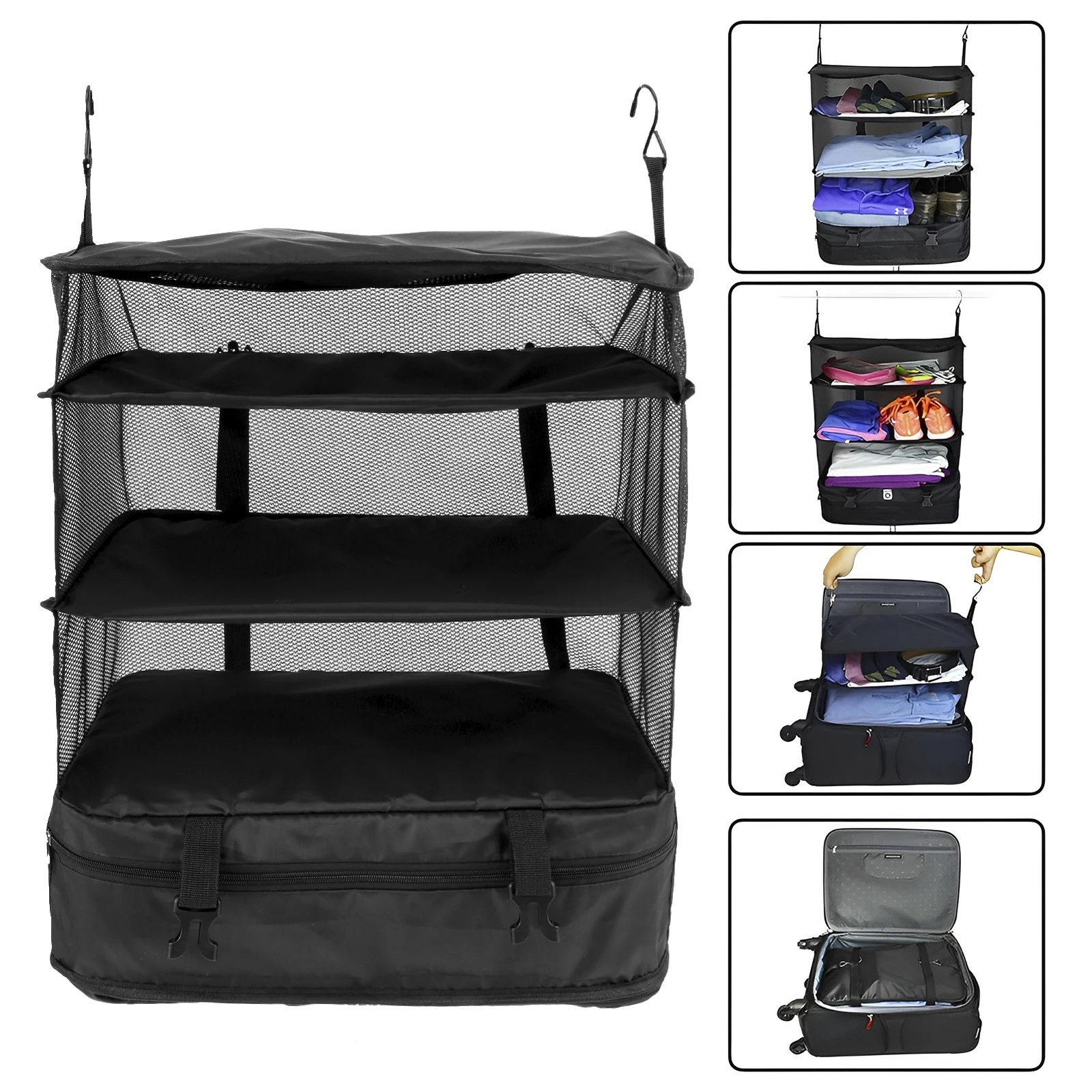 organisateur de bagages de voyage, étagères de voyage portables, sac de valise à 3 étagères, cube d'emballage pliable, sac de rangement pour placard suspendu, espace