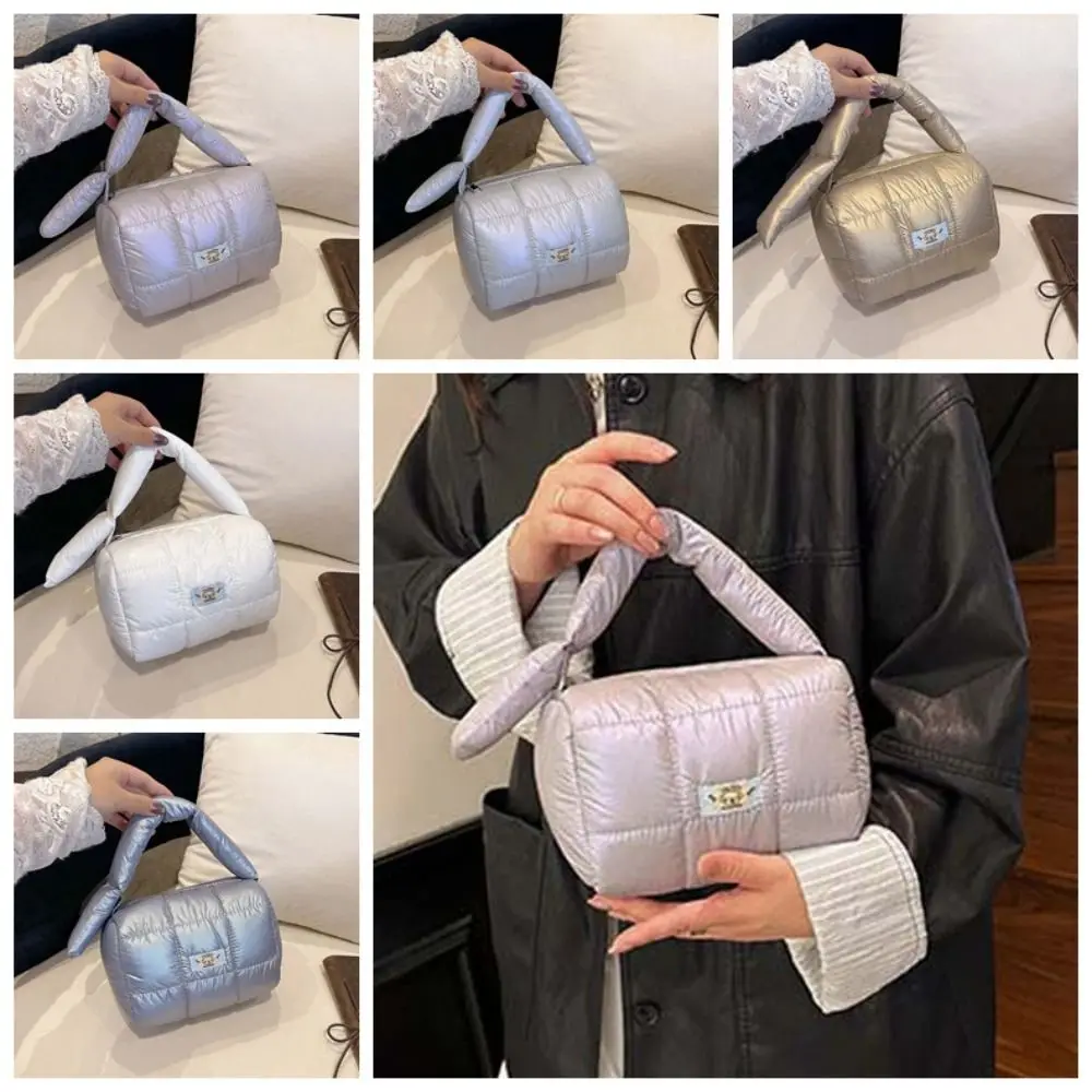 sac à main carré matelassé à grille plissée en nylon pour femmes, fourre tout bouffant de grande capacité, couleur unie, léger