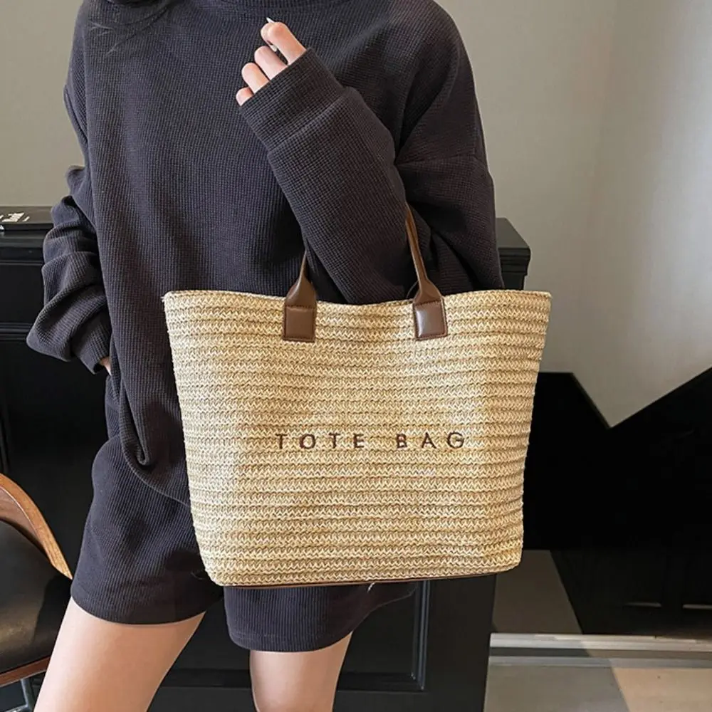 sac à main de plage mignon tissé en paille, sac seau de grande capacité, sac de plage bohème, sac à bandoulière avec lettres de voyage