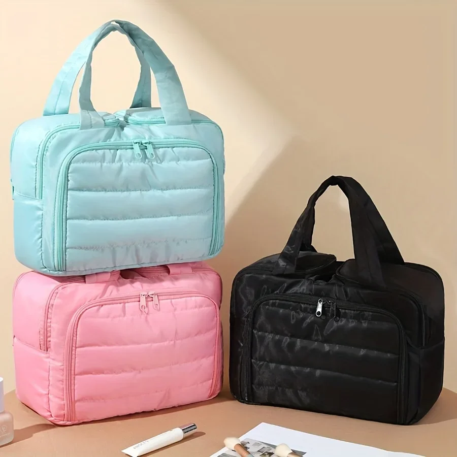trousse de maquillage matelassée de grande capacité, sac de rangement multifonctionnel portable, conception superposée, nylon durable, idéale pour les cadeaux de noël