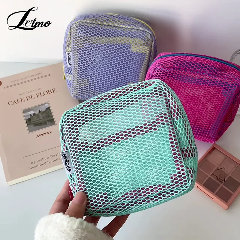 sac cosmétique carré en maille, sac de rangement polyvalent pour articles divers, sac de rangement cosmétique carré portable avec fermeture éclair