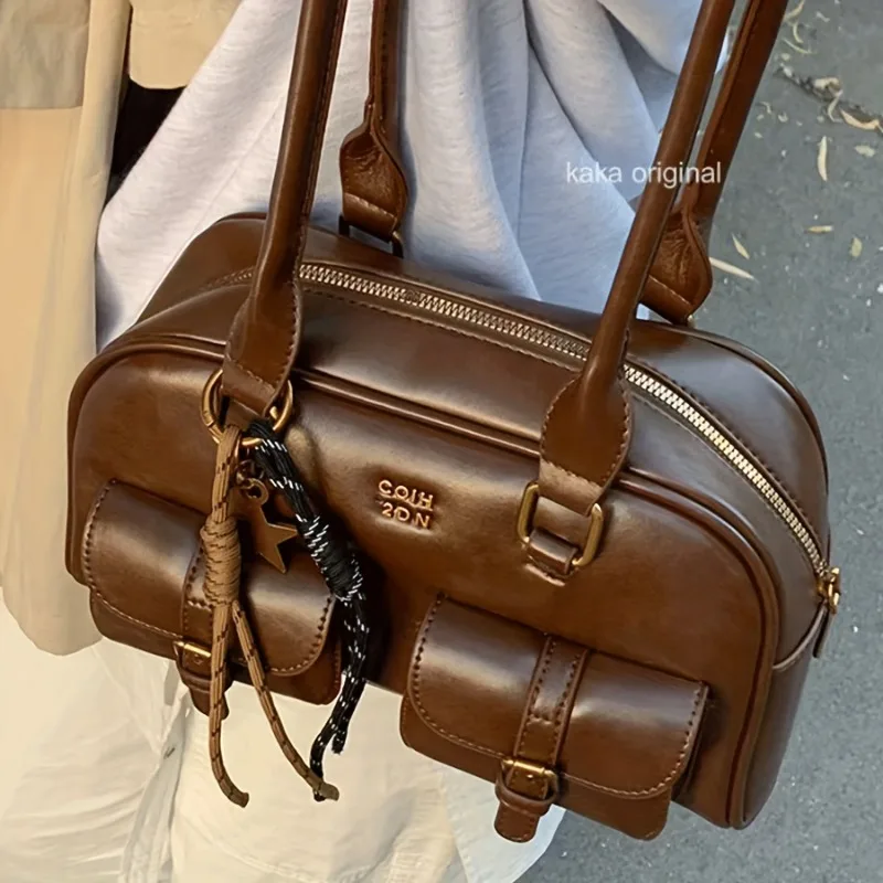 sac à bandoulière élégant avec plusieurs poches, matériel doré et sacs à main au design imprimé de lettres pour femmes, voyage, travail, sorties