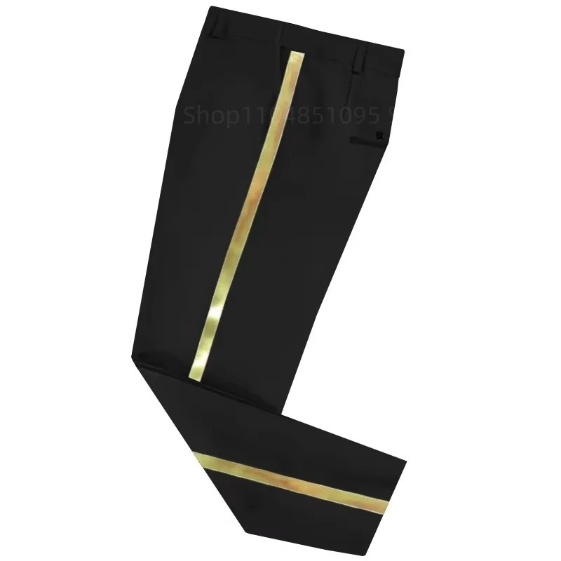 Pantalon de costume noir pour hommes, garniture en cuir doré, décontracté, formel, pour le bureau, élastique, droit, formel, XS-6XL
