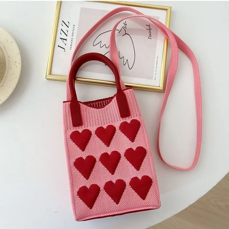 mini sac carré tricoté géométrique de style coréen, sac à main de shopping tissé à la mode, sac à bandoulière pour téléphone de dessin animé mignon