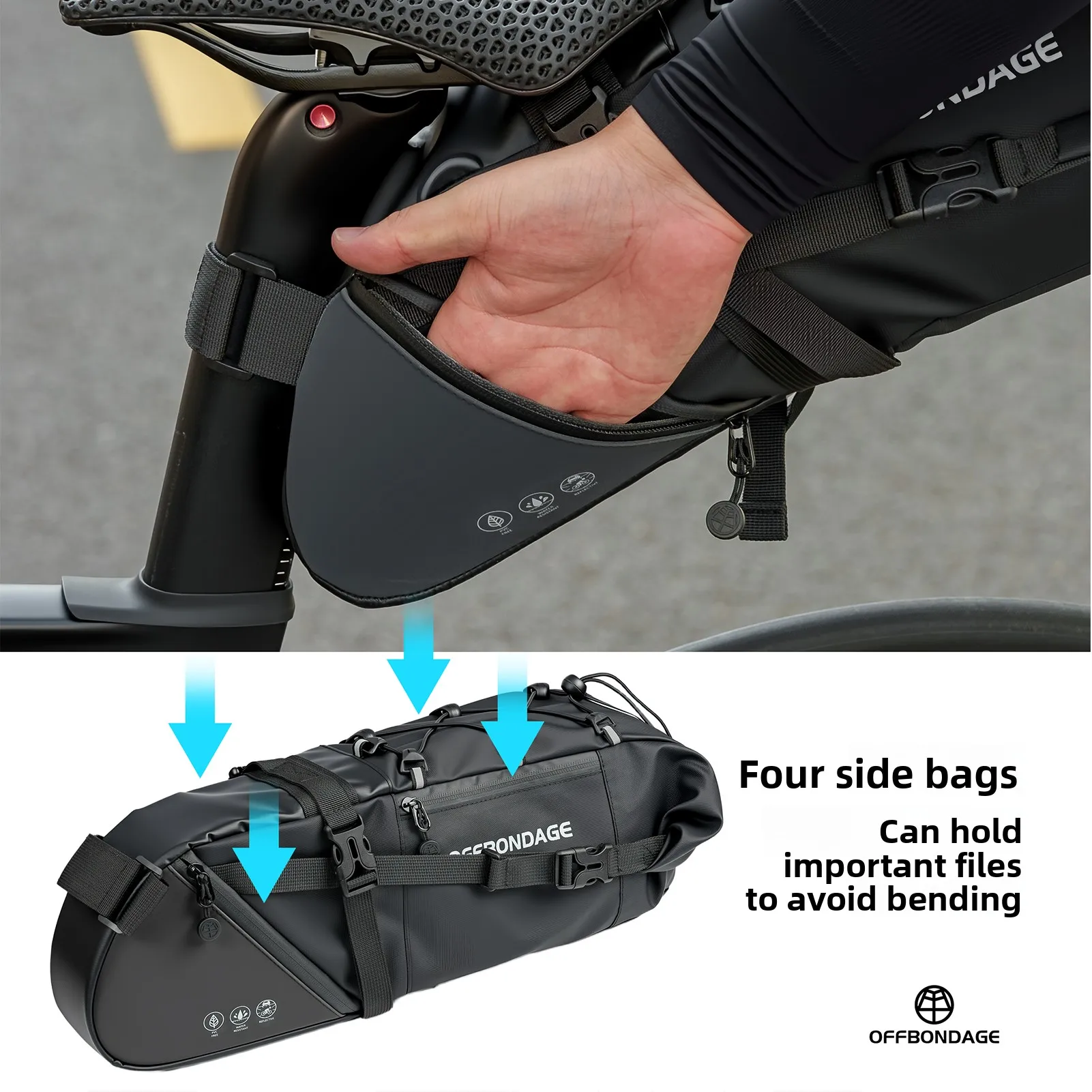 offbondage sac de vélo étanche 15l grande capacité sac de selle de vélo cyclisme pliable queue sac arrière vtt route coffre bikepacking