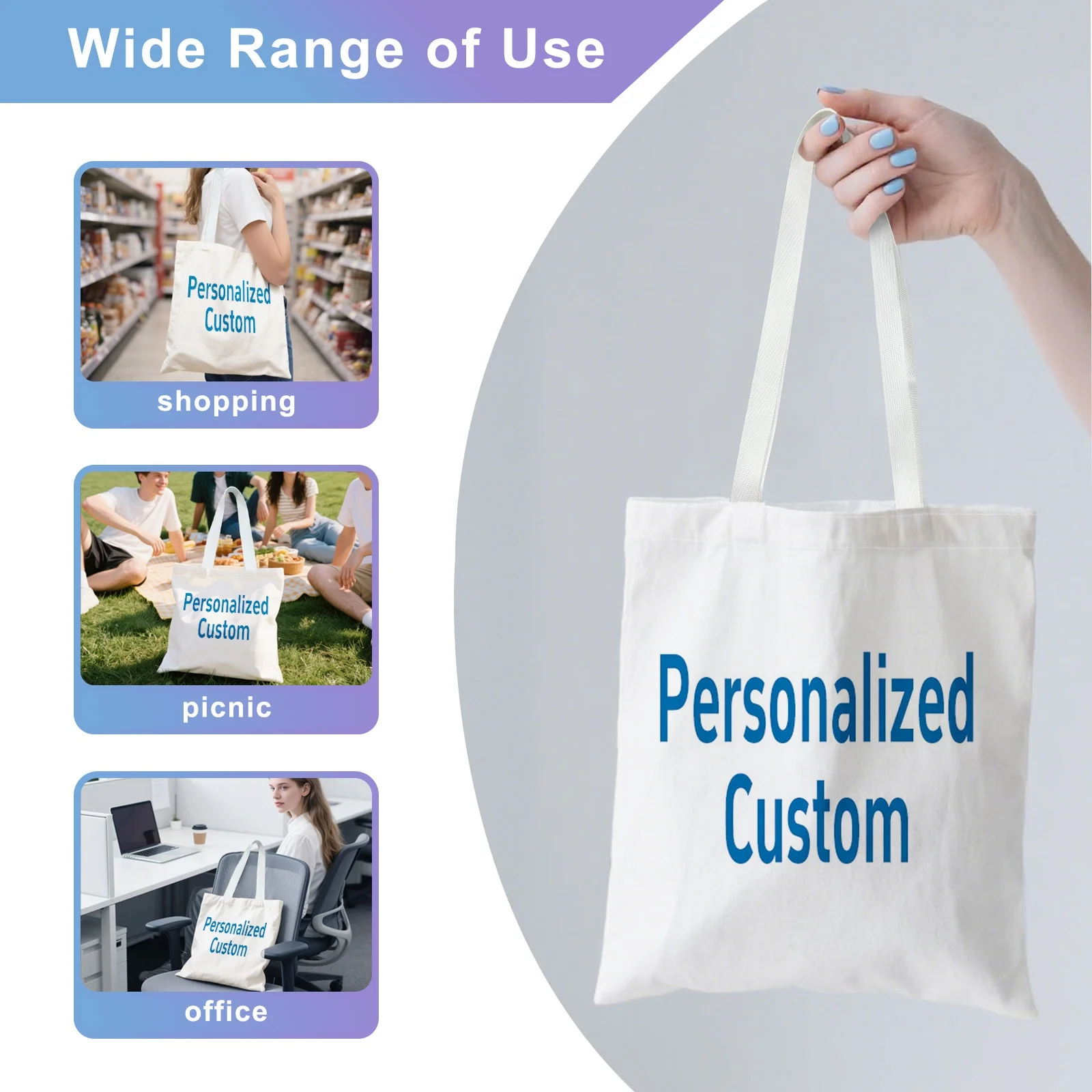 sacs fourre tout, sacs en toile avec motifs et texte de logo personnalisés, sacs à provisions pliables, sacs en toile avec logo imprimé adaptés aux campagnes publicitaires, sacs à main personnalisés pour femmes comme cadeaux d'anniversaire, sacs cadeaux de demoiselle d'honneur de mariage, souvenirs ou souvenirs de fête