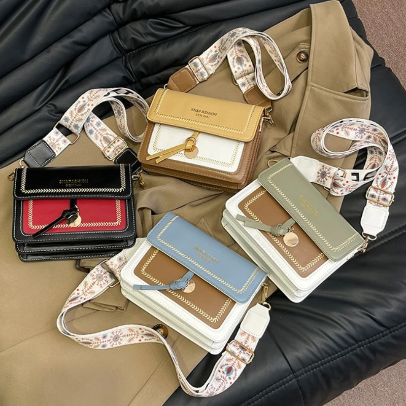 sac à la mode pour femmes, nouveau sac à bandoulière polyvalent, sacs à bandoulière de couleur contrastée, petit sac carré, large bandoulière