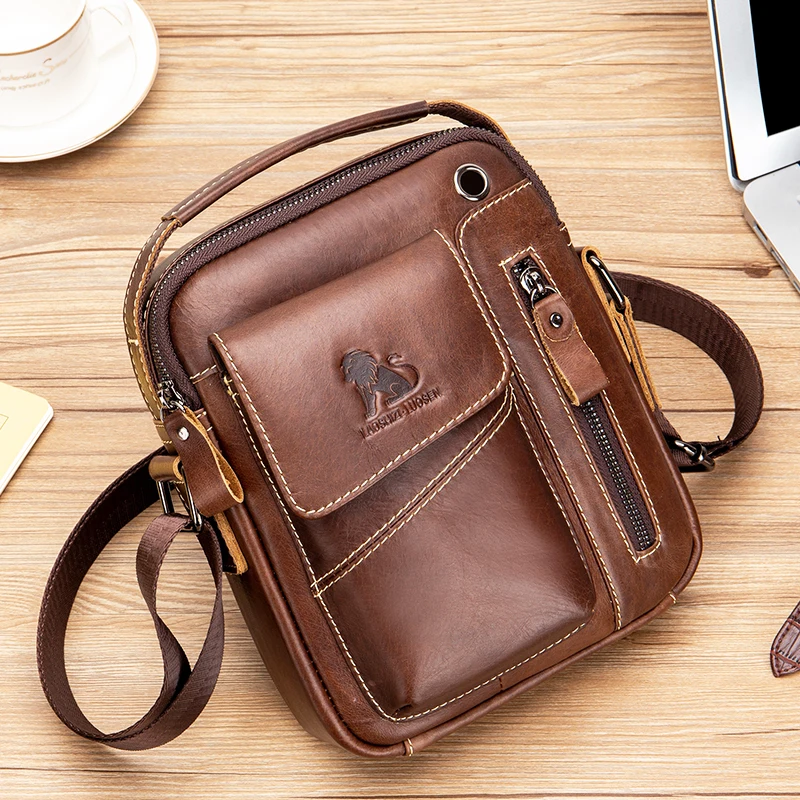 Sac à bandoulière en cuir pour hommes, sac à bandoulière multifonctionnel et en cuir de vache de grande capacité, sac à main
