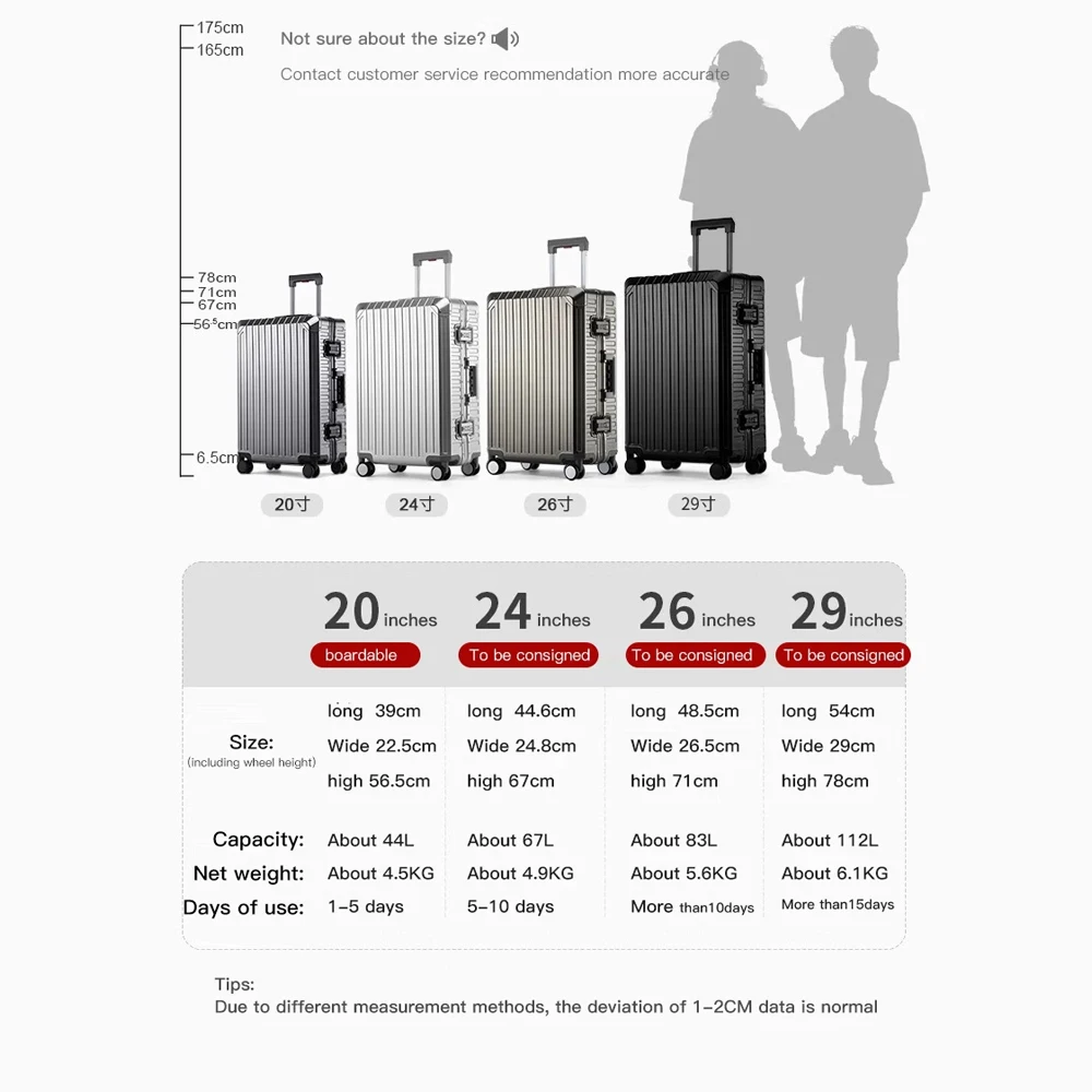 nouveau style tout en aluminium 20 "24" 28 "pouces valise de voyage continuer valise de luxe sac de chariot en métal roues universelles