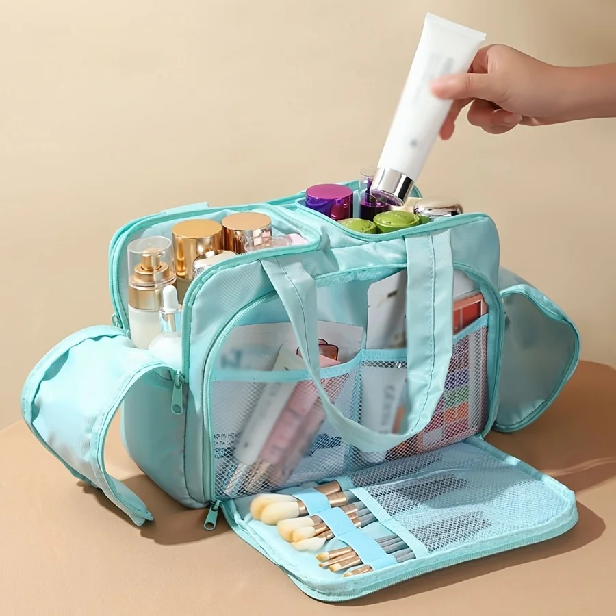 trousse de maquillage matelassée de grande capacité, sac de rangement multifonctionnel portable, conception superposée, nylon durable, idéale pour les cadeaux de noël