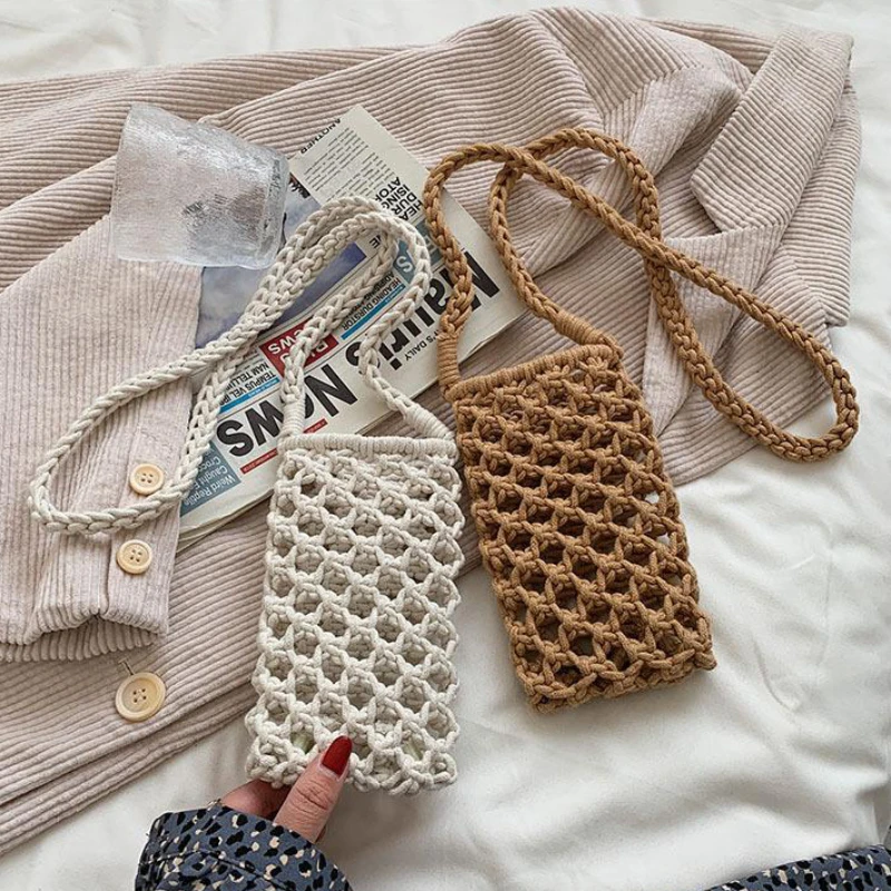 Petit sac à bandoulière pour téléphone pour femmes, couleur unie, tissé ajouré au Crochet, léger tressé, sac à main à bandoulière