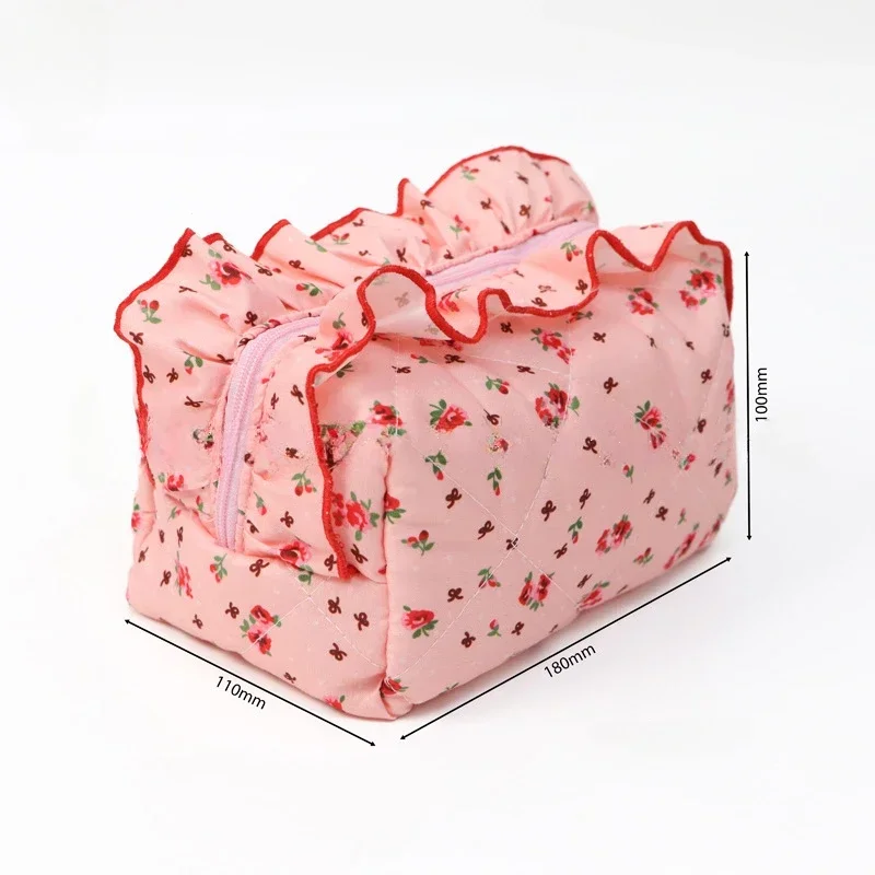 sac de maquillage matelassé à fleurs, grand sac à cosmétiques mignon, coquette, pochette de maquillage de voyage, sac de rangement de toilette esthétique portable à fermeture éclair