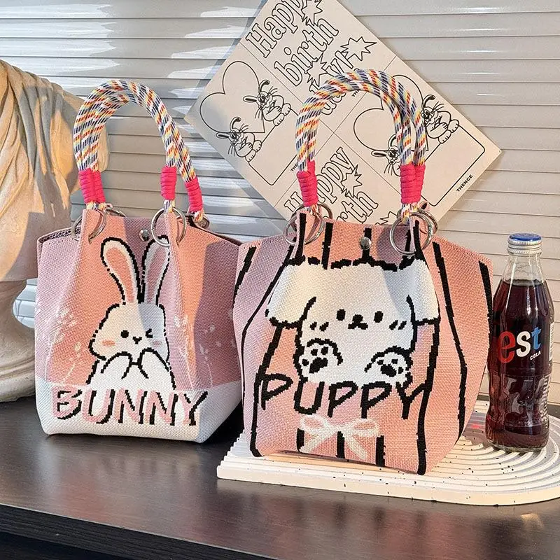 sac seau tricoté pour femmes, design de dessin animé mignon, fourre tout de grande capacité, sac à main carré portable, cadeau à la mode pour filles