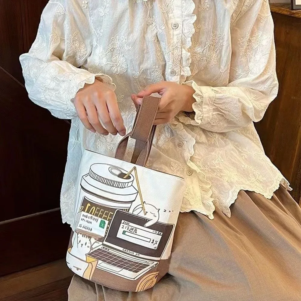 sac seau de chat de café de dessin animé de grande capacité, sac à main en toile, sacs de shopping, sac fourre tout pour maman, sac à déjeuner de style coréen, sac de rangement