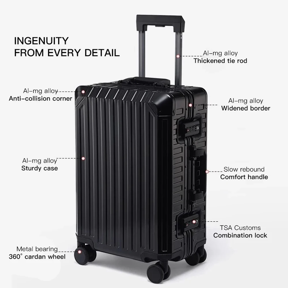 nouveau style tout en aluminium 20 "24" 28 "pouces valise de voyage continuer valise de luxe sac de chariot en métal roues universelles