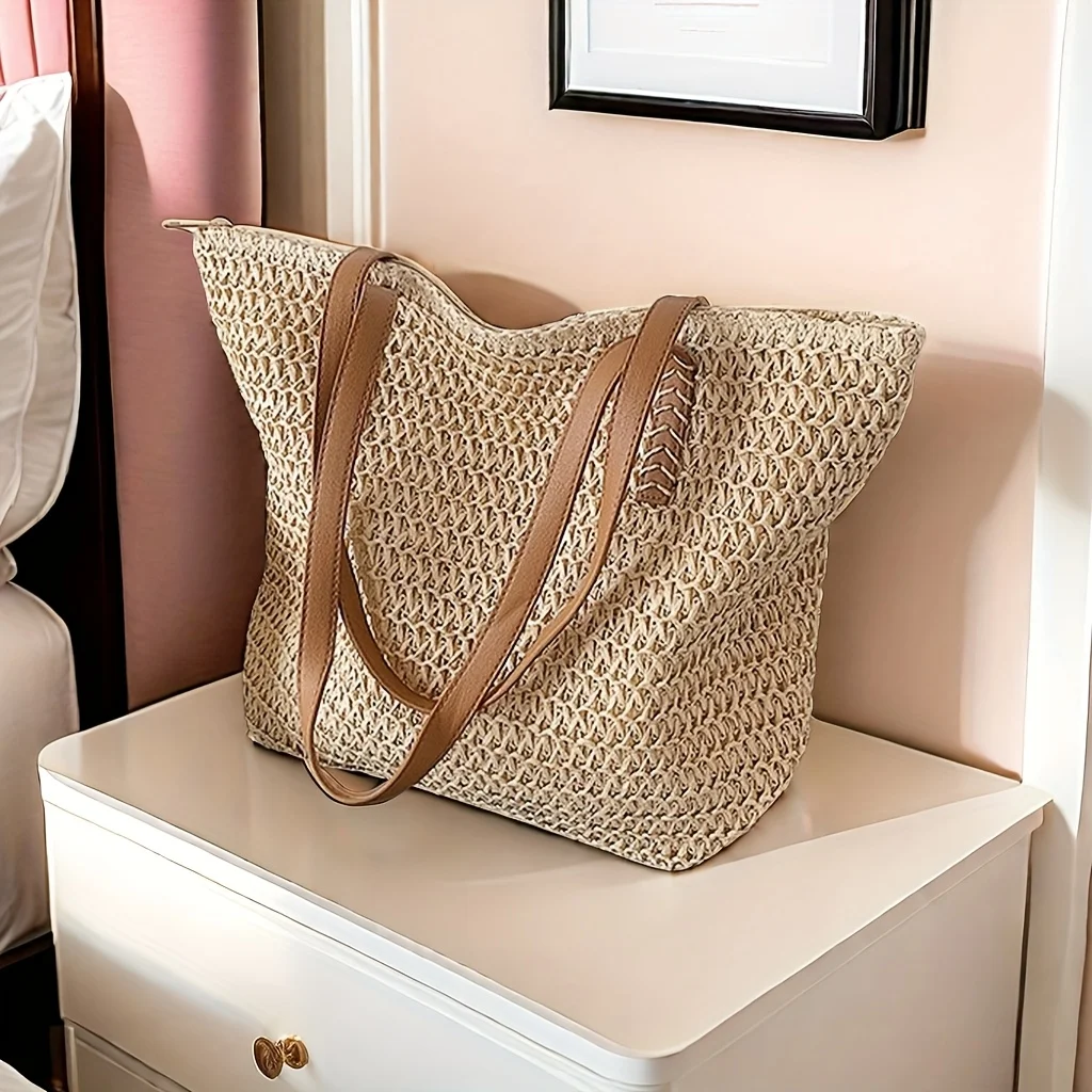 [Chic Handbag] Sac à main tissé beige de grande capacité |   Sac à main chic en paille avec poignées marron, fermeture à glissière et doublure en polyester