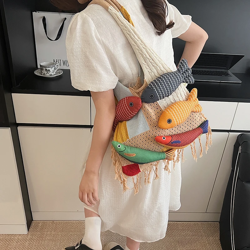 leftside – sac hobo en tricot design poisson, sac à main tissé, sac à bandoulière de plage, sac à main de voyage de vacances, sac de shopping pour femmes