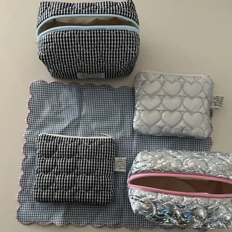 sacs à cosmétiques matelassés à carreaux pour filles, pochette rétro pour dames, porte monnaie, sac de rangement de toilette portable de voyage pour femmes