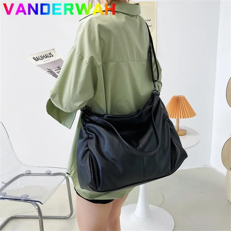 grands sacs à bandoulière noirs pour femmes, sac de shopping hobo, couleur unie, sac à main en cuir pu de qualité, fourre tout de voyage pour dames, 2024