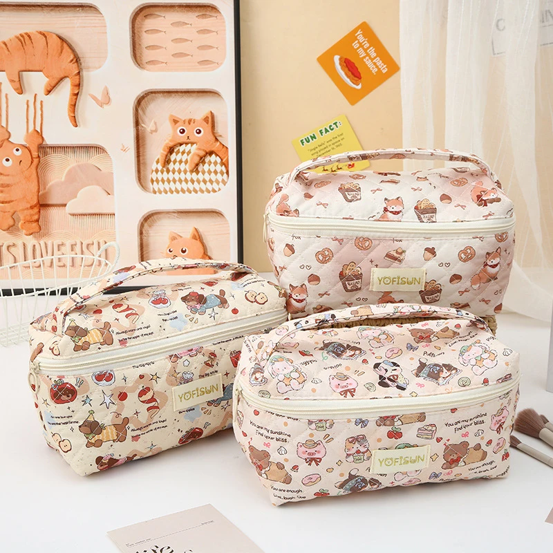 sac de maquillage matelassé à motif d'animal de dessin animé, sac à main portable de grande capacité pour femmes, rangement de produits de toilette cosmétiques, sac à main à fermeture éclair