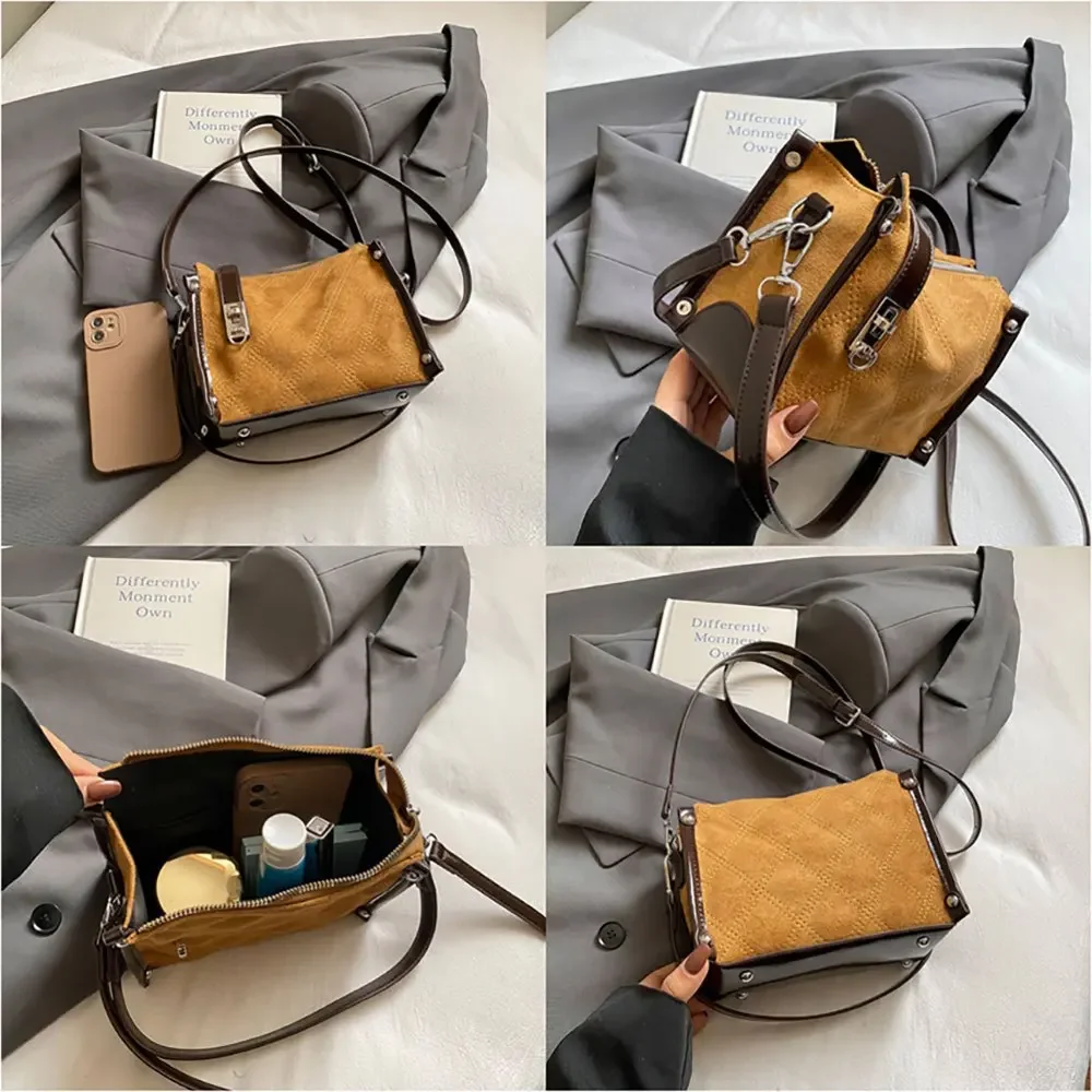 sac à main rétro en daim à la mode, sac à bandoulière matelassé en grille, petit sac carré décontracté et simple pour femmes