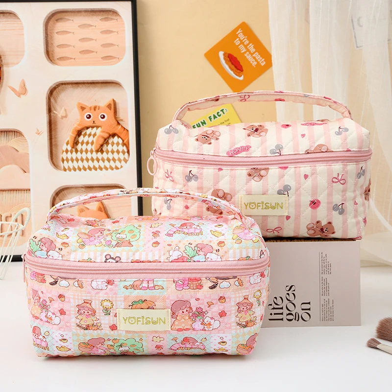 sac de maquillage matelassé à motif d'animal de dessin animé, sac à main portable de grande capacité pour femmes, rangement de produits de toilette cosmétiques, sac à main à fermeture éclair