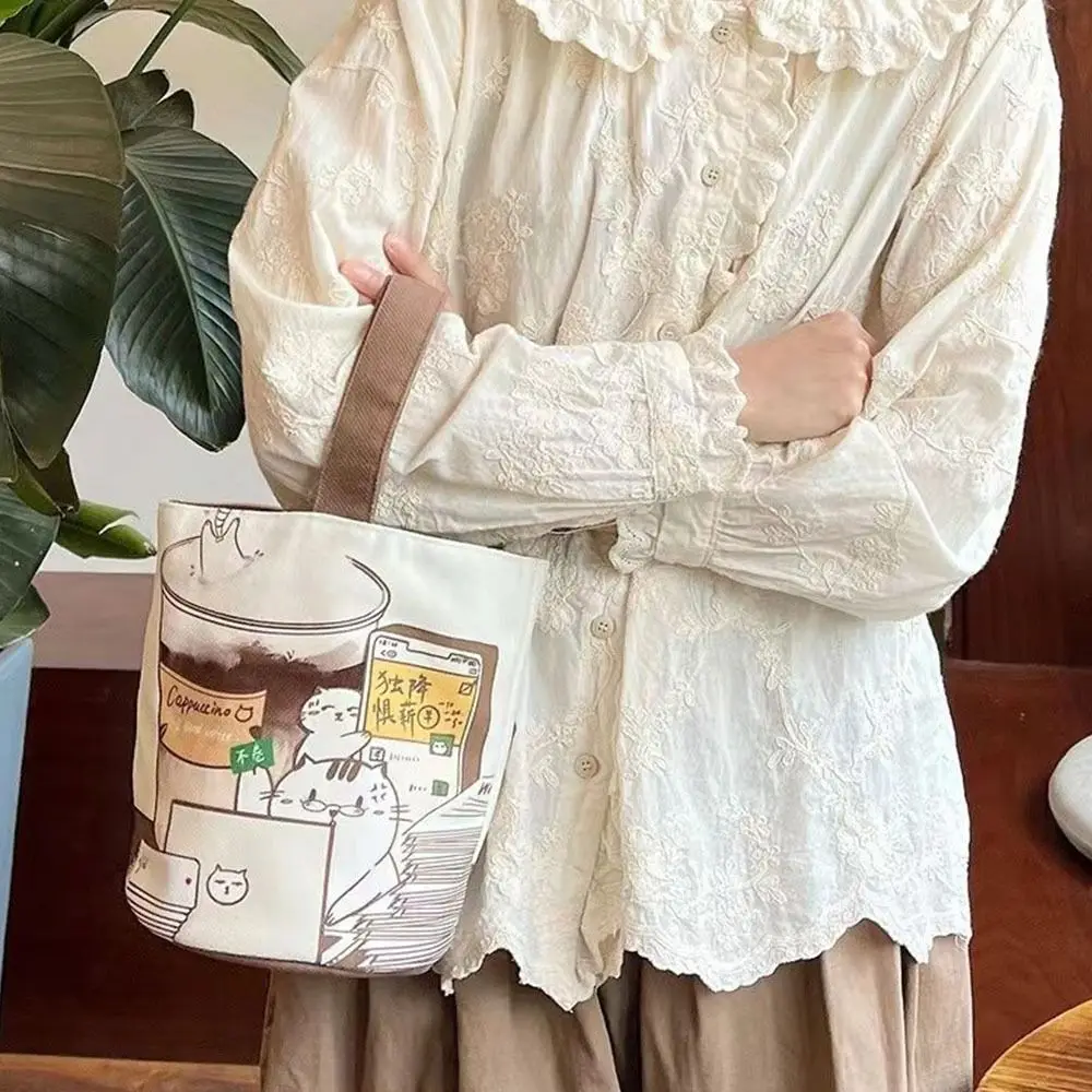 sac seau de chat de café de dessin animé de grande capacité, sac à main en toile, sacs de shopping, sac fourre tout pour maman, sac à déjeuner de style coréen, sac de rangement