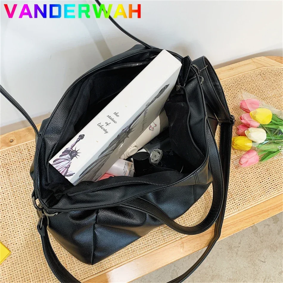 grands sacs à bandoulière noirs pour femmes, sac de shopping hobo, couleur unie, sac à main en cuir pu de qualité, fourre tout de voyage pour dames, 2024