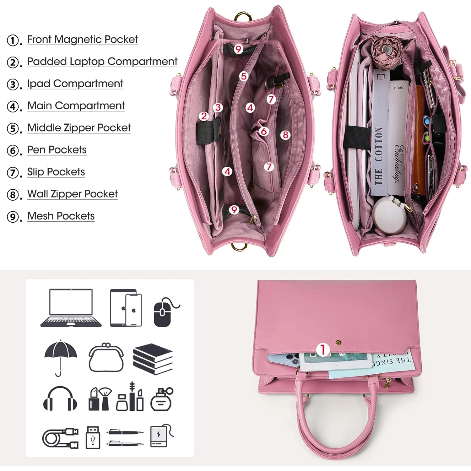 sac d'ordinateur portable de grande capacité pour femme, sac fourre tout pour ordinateur portable, sac de travail en cuir, étui à bombes étanche, sac d'ordinateur de bureau d'affaires, 15.6 pouces