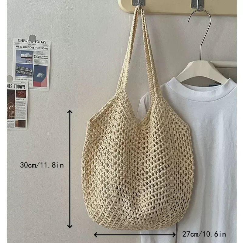 sac de loisirs tissé en coton de grande capacité, sac en paille creuse, sac à bandoulière, sac de plage de vacances