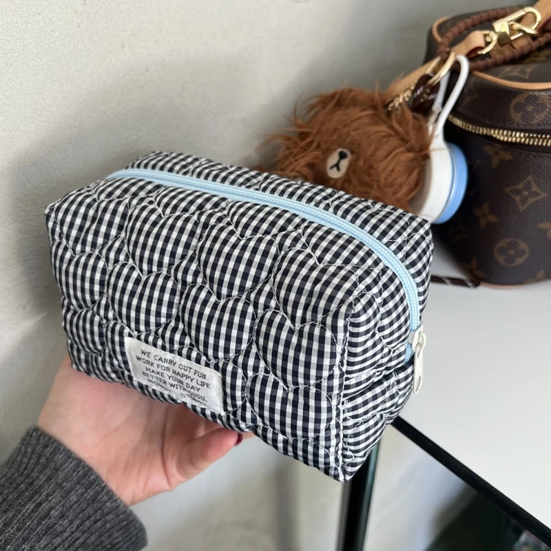 Sacs à cosmétiques matelassés à carreaux pour filles, pochette rétro pour dames, porte-monnaie, sac de rangement de toilette Portable de voyage pour femmes