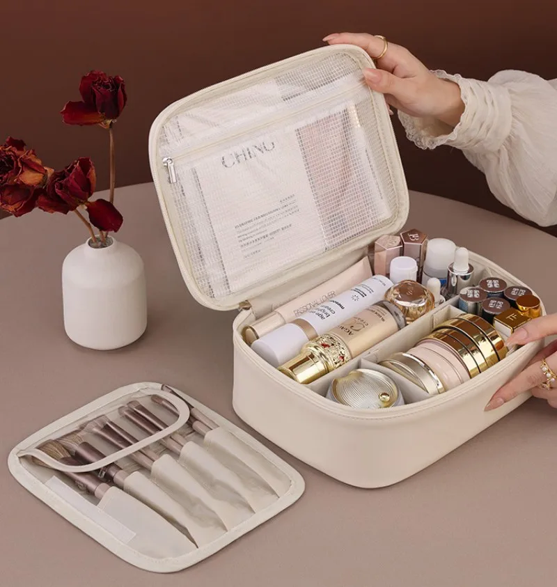 sac à cosmétiques de grande capacité, sac de rangement séparé multifonctionnel haut de gamme pour cosmétiques, pochette pour pinceaux de maquillage, sac de lavage portable de voyage