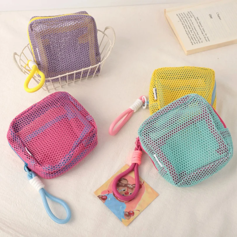 sacs à clés de petite capacité, sac à cosmétiques transparent, pochette de rangement carrée en maille, mini porte monnaie à fermeture éclair, mini sac de lavage, étui de papeterie